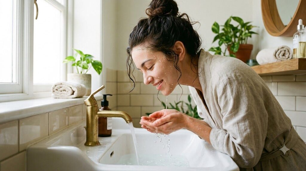 A woman gently rinsing off a homemade face mask with warm water over a sink showing clear radiant skin underneath