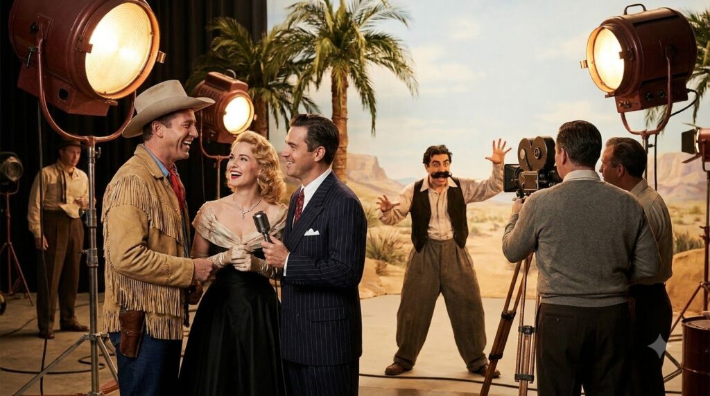 A vintage Hollywood movie set scene showing a diverse group of actors in different costumes e g a cowboy a singer a come