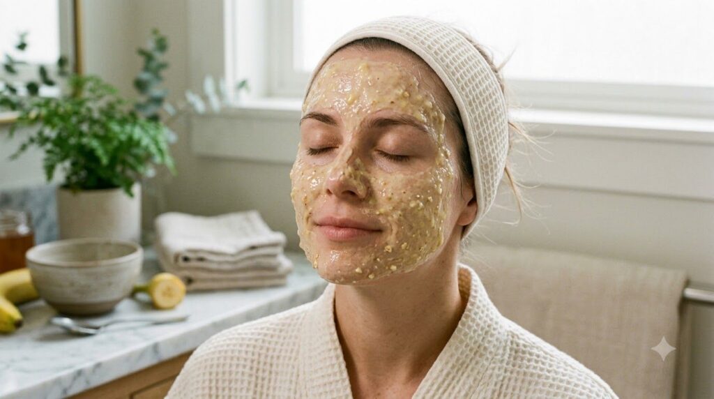 A woman with a natural glow face mask applied smiling softly with eyes closed in a serene home spa setting