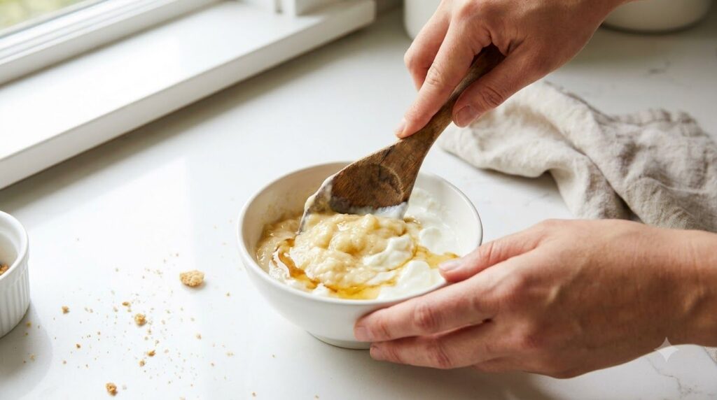 Close-up of a person s hands mixing mashed banana honey and yogurt in a small bowl with a spoon creating a smooth mask t