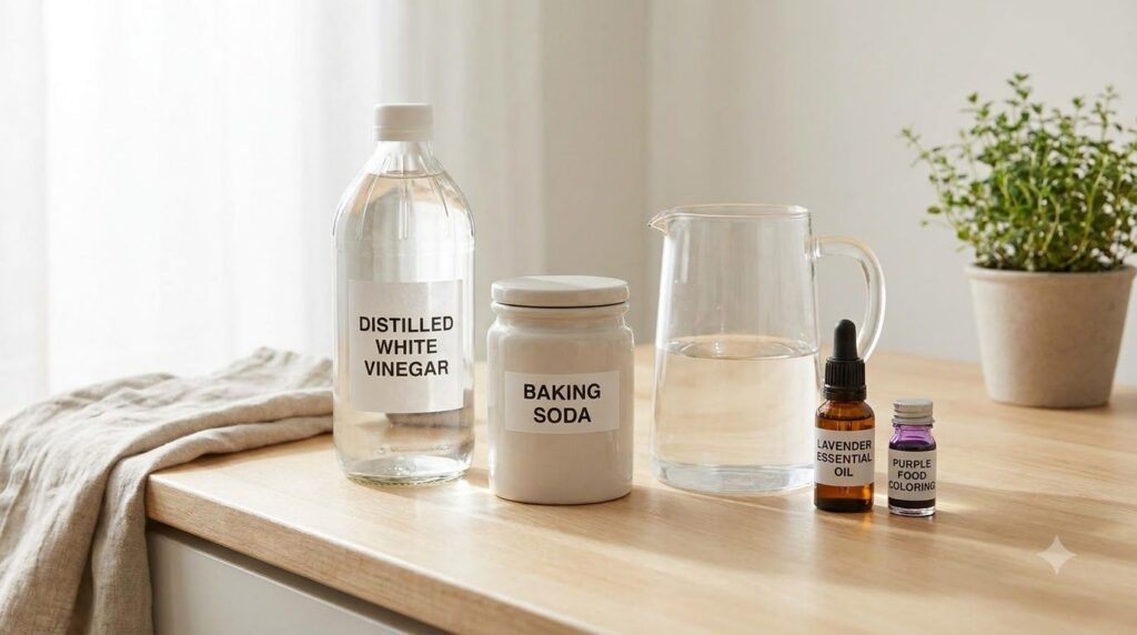 Ingredients for homemade fabric softener laid out on a kitchen counter