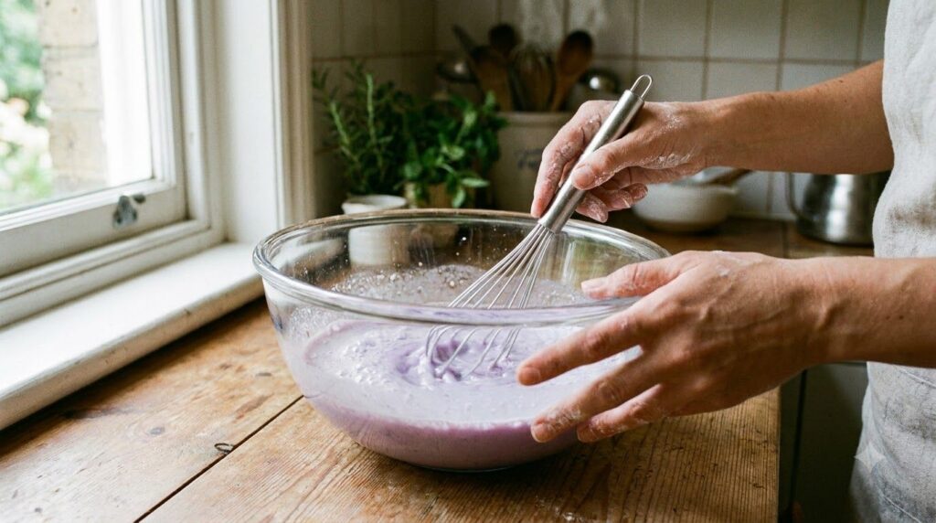 Hands mixing ingredients in a bowl to make purple fabric softener