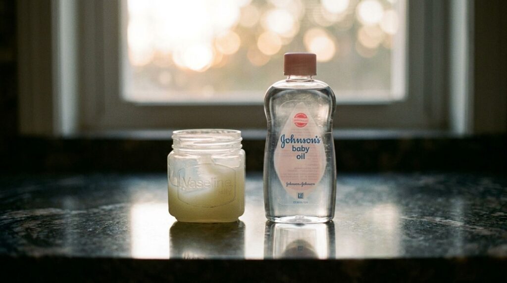 Two ingredients a jar of petroleum jelly and a bottle of baby oil on a dark countertop with soft background lighting