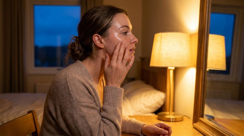 A woman applying a small amount of clear balm to her face before bed showing a dewy complexion in soft warm lighting