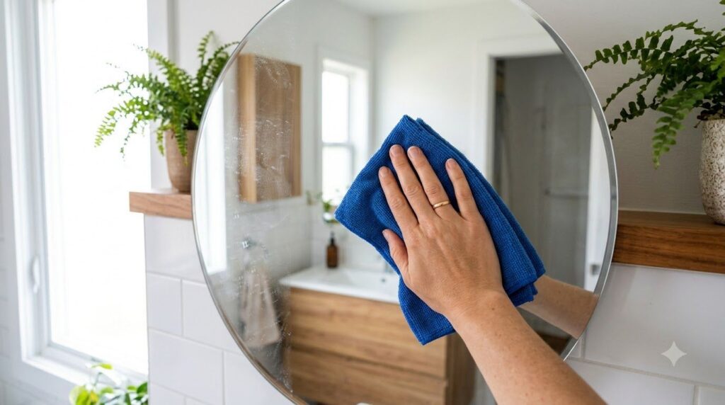 A hand wiping a round mirror with a microfiber cloth revealing a clean streak-free surface
