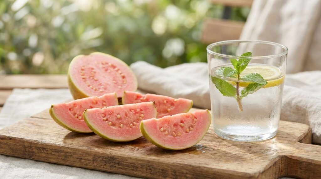 Close-up of a sliced guava with a glass of water suggesting hydration and healthy eating against a soft natural backgrou