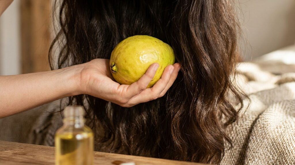 A hand holding a ripe guava against a backdrop of healthy flowing hair subtly linking the fruit to hair health