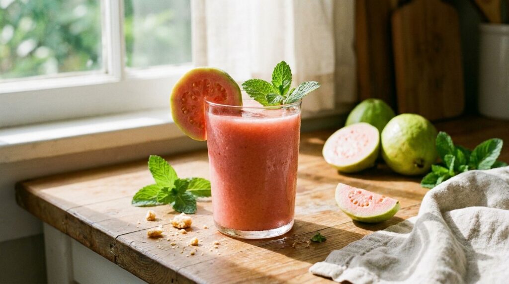 A vibrant fresh guava smoothie in a glass garnished with a slice of guava and a sprig of mint on a clean kitchen counter