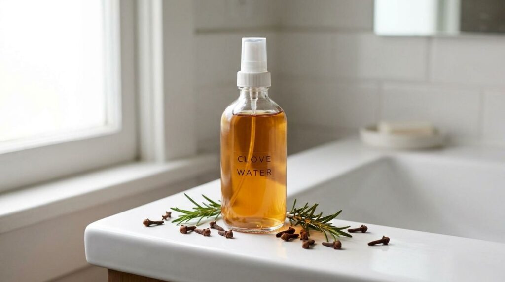 A clear spray bottle filled with amber-colored clove water surrounded by dried cloves and a few sprigs of fresh rosemary