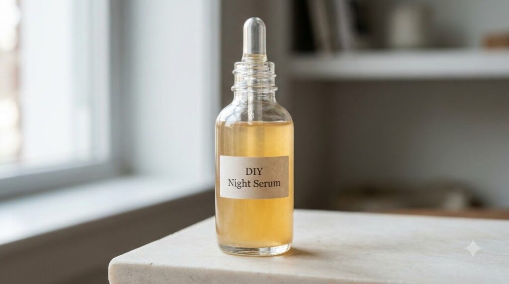 A close-up of a small clear glass bottle containing the mixed turmeric and baby oil serum showing its golden hue The bot