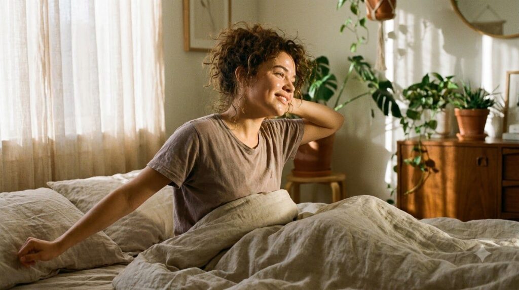A woman waking up with radiant clear glowing skin looking refreshed and happy with soft morning light