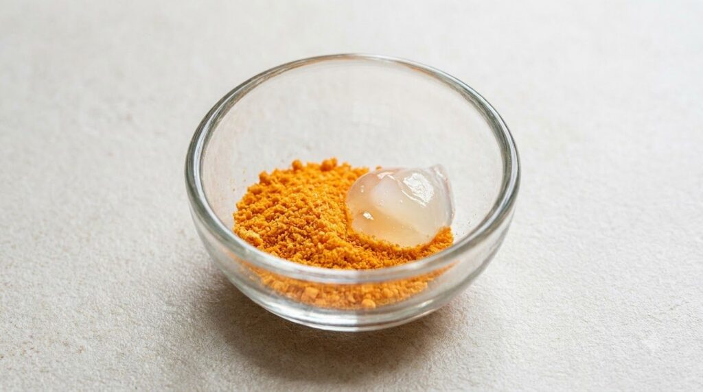 Close-up of a small bowl containing crushed Vitamin C powder and a small dollop of Vaseline ready to be mixed