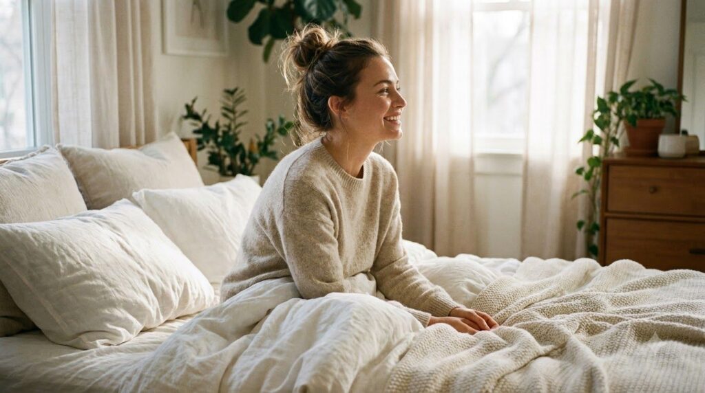 A woman waking up with glowing smooth skin looking refreshed and happy in a bright natural setting