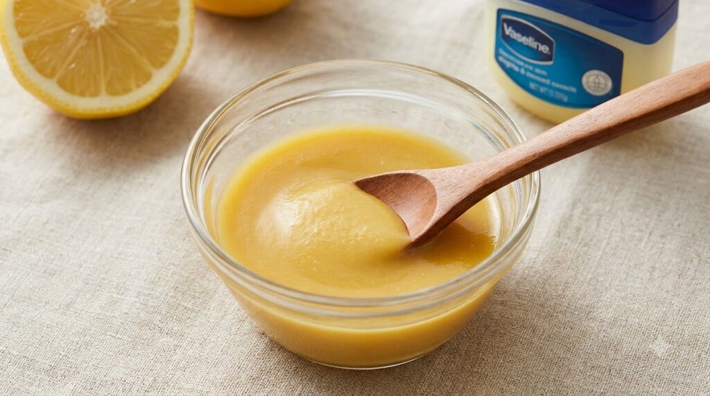 A small clear glass bowl containing a smoothly mixed yellow paste of Vaseline lemon and turmeric ready for application T