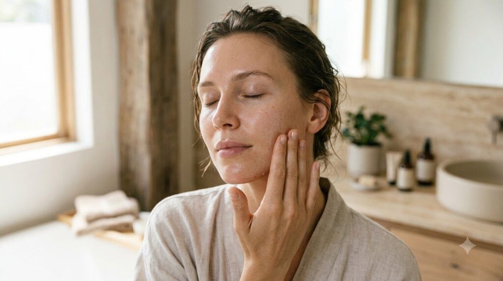 A person gently massaging the homemade baby oil and rice serum onto their clean face demonstrating how to apply the prod