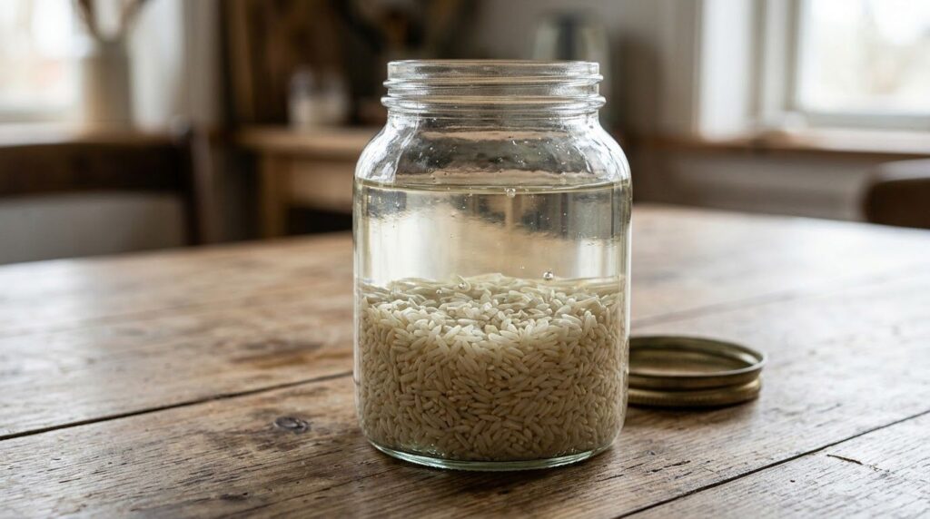 A close-up of a glass jar with raw rice soaking in baby oil with a label indicating it s a DIY beauty product on a rusti