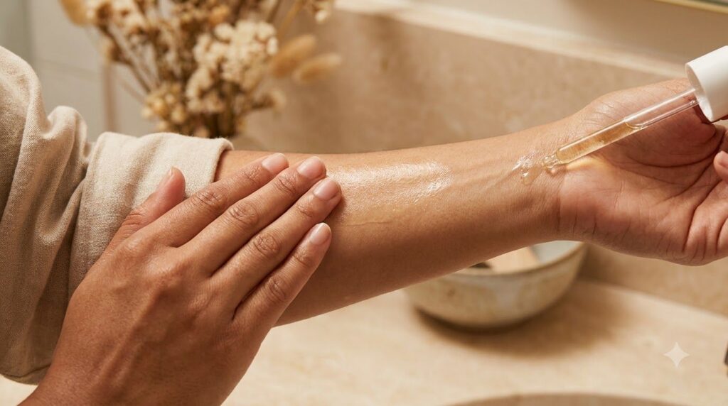 A close-up of a hand gently applying a translucent oily mixture to clean skin showing a soft glow on the applied area