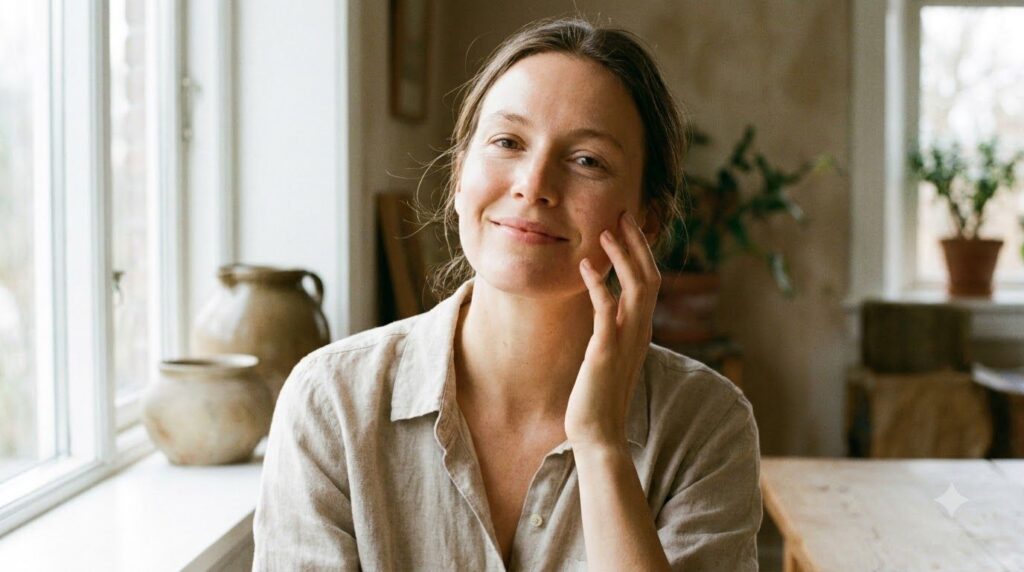 A woman with clear glowing skin gently touches her cheek smiling slightly conveying confidence and natural beauty