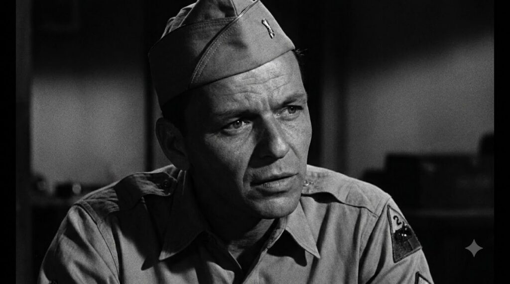 A black and white film still of Frank Sinatra from From Here to Eternity showing him in a military uniform perhaps in a 