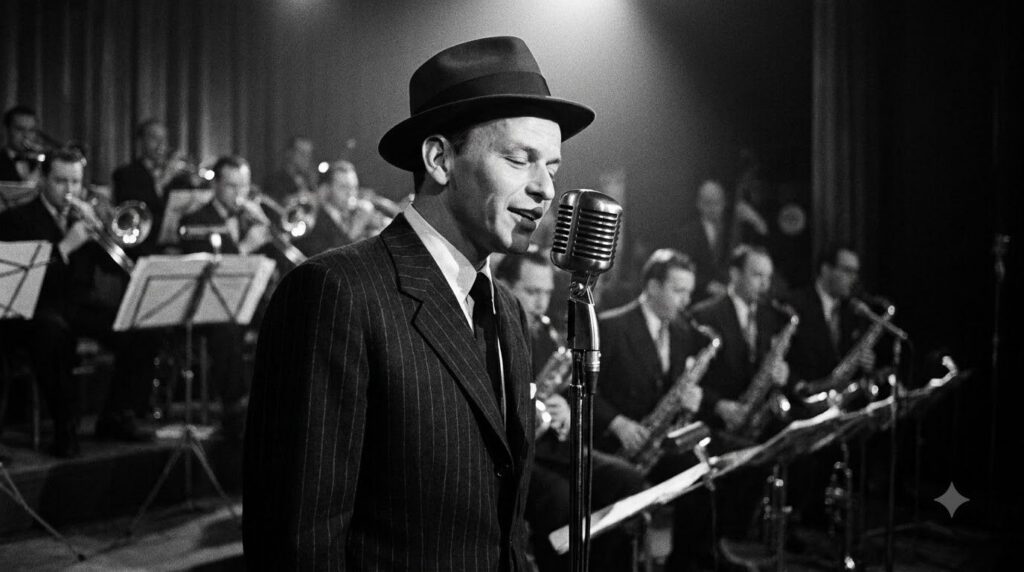 A black and white photograph of a young Frank Sinatra perhaps in his 20s singing into a vintage microphone with a big ba