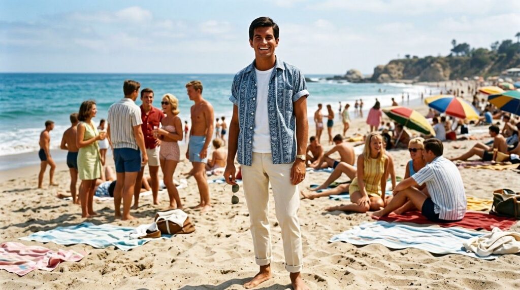 A young George Hamilton handsome and smiling in a vintage scene possibly from the film Where the Boys Are depicting a yo