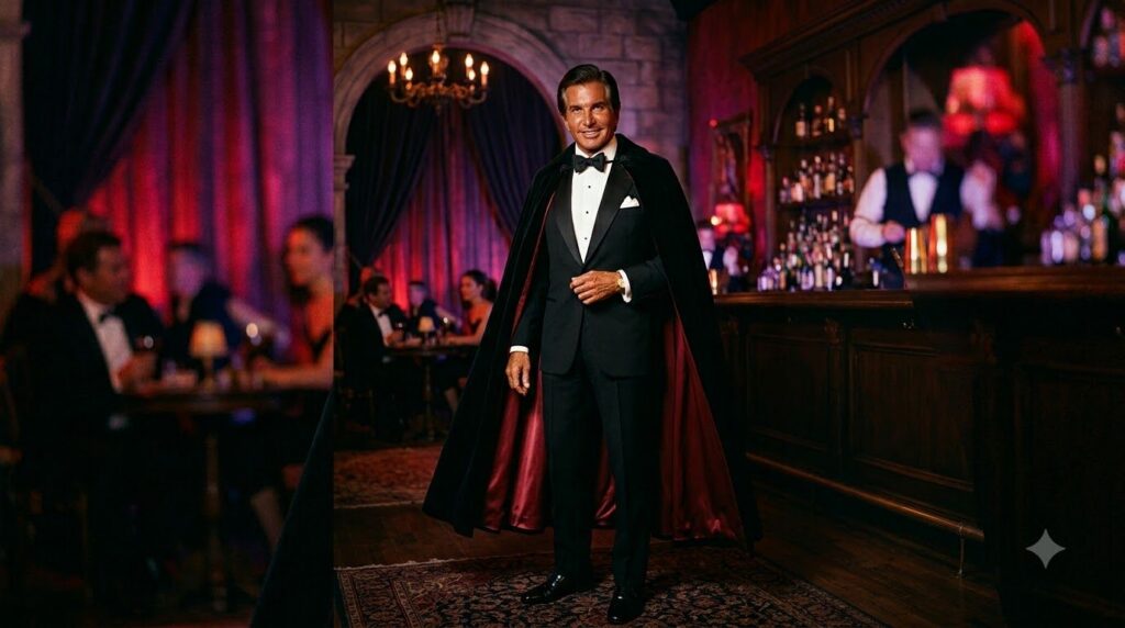 George Hamilton in his iconic Count Dracula costume from Love at First Bite looking charming and slightly comedic possib