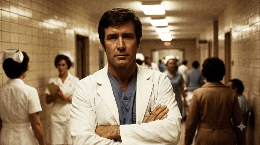 Robert Fuller as Dr Kelly Brackett in the 1970s TV show Emergency wearing a doctor s scrub or lab coat in a hospital set