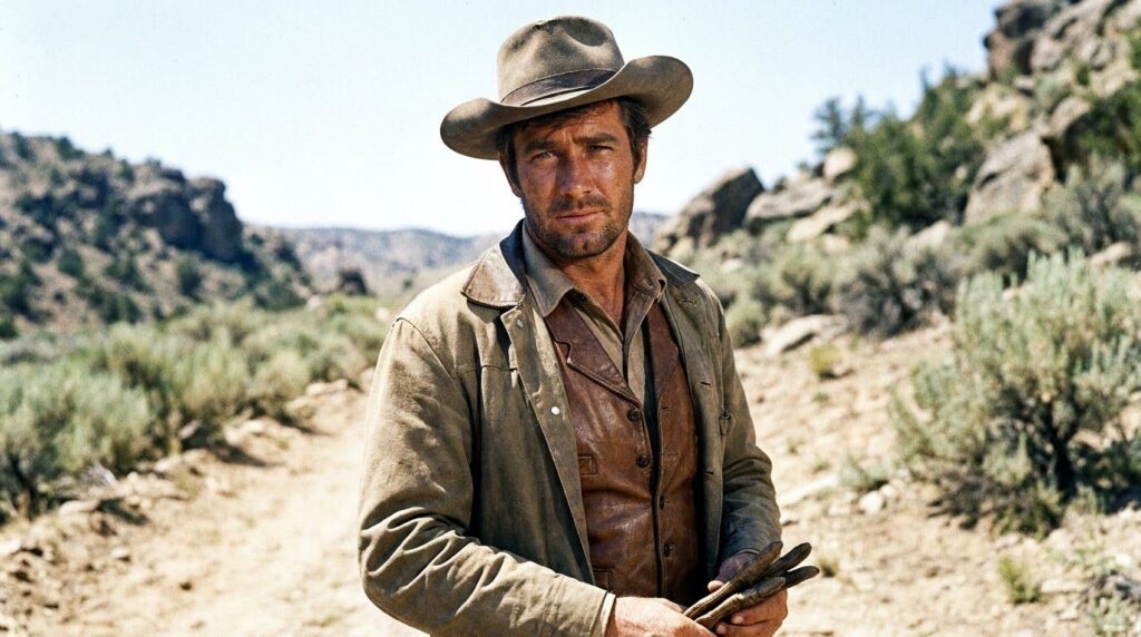 A vintage photograph of Robert Fuller in his prime dressed as a cowboy from a classic Western TV show like Laramie with