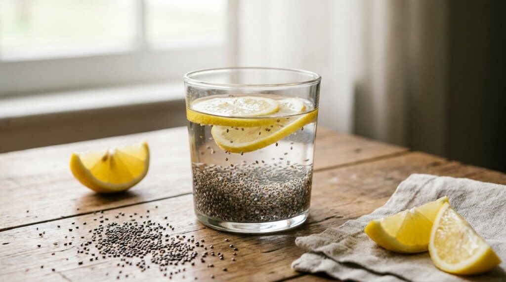 A clear glass of chia seed water with lemon slices a small spoon and some loose chia seeds and lemon wedges on a light w