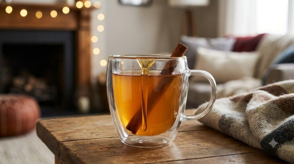 A warm drink with cinnamon sticks and a drizzle of honey in a clear mug set on a dark cozy background with soft inviting
