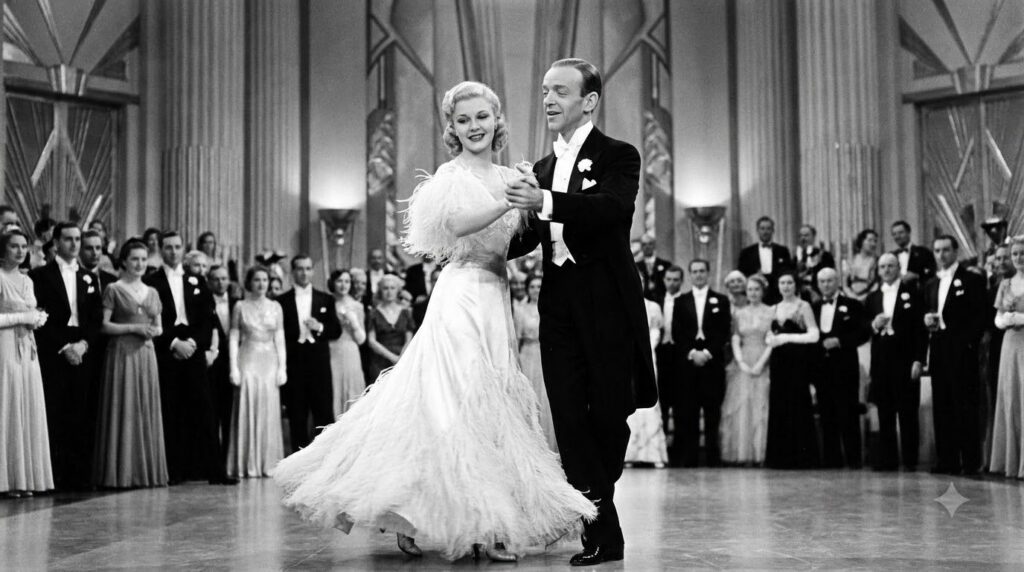 Fred Astaire and Ginger Rogers in a scene from the film Top Hat dressed in formal wear dancing on an elegant set