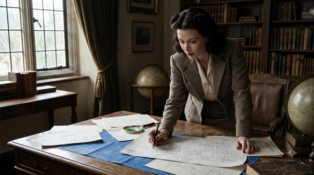 Hedy Lamarr elegantly dressed looking intently at a schematic or technical drawing on a table with a slightly thoughtful