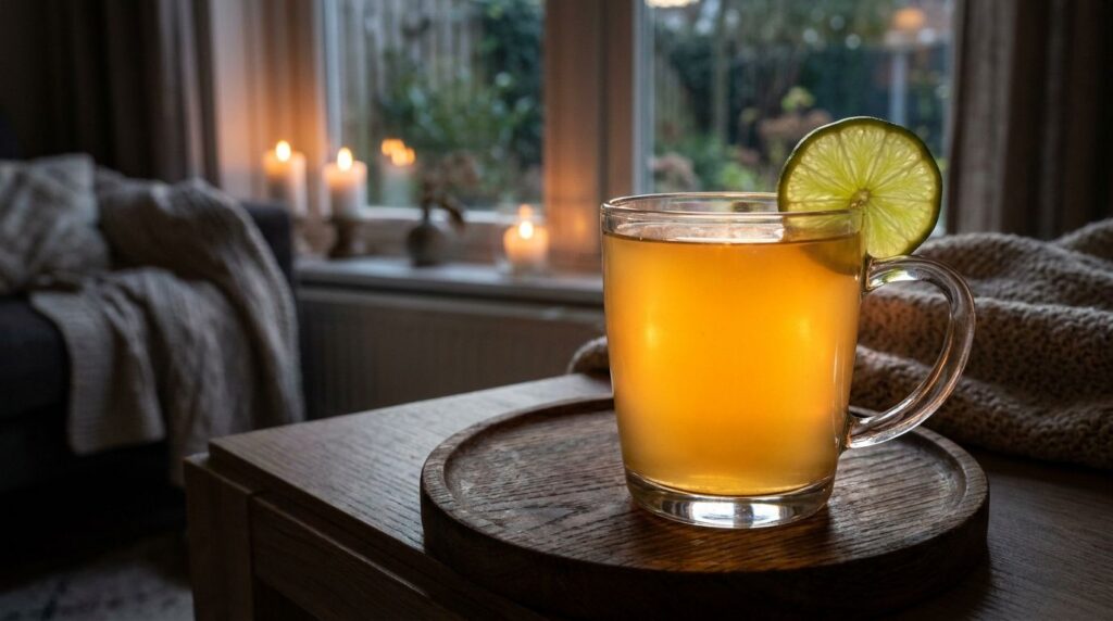A close-up of a glass mug filled with a warm golden liquid the honey gelatin and lime elixir garnished with a slice of f