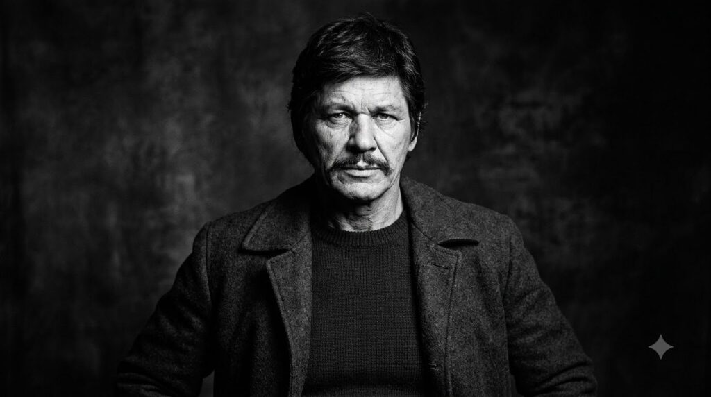 A classic portrait of a rugged Charles Bronson in his prime with a distinctive mustache and intense gaze