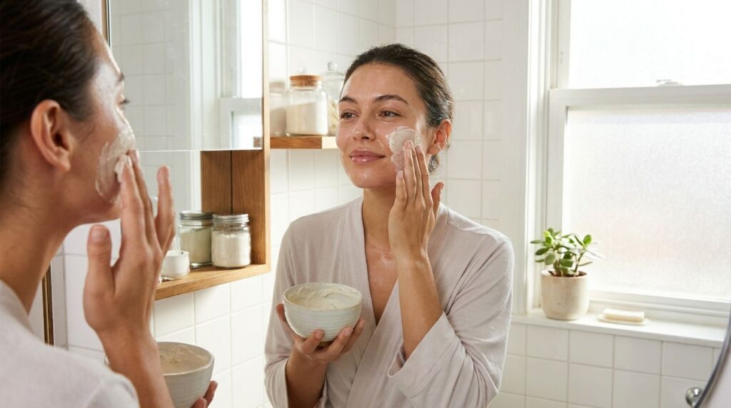 A woman applying a raw egg protein mask to her face with a bowl of egg mixture next to her