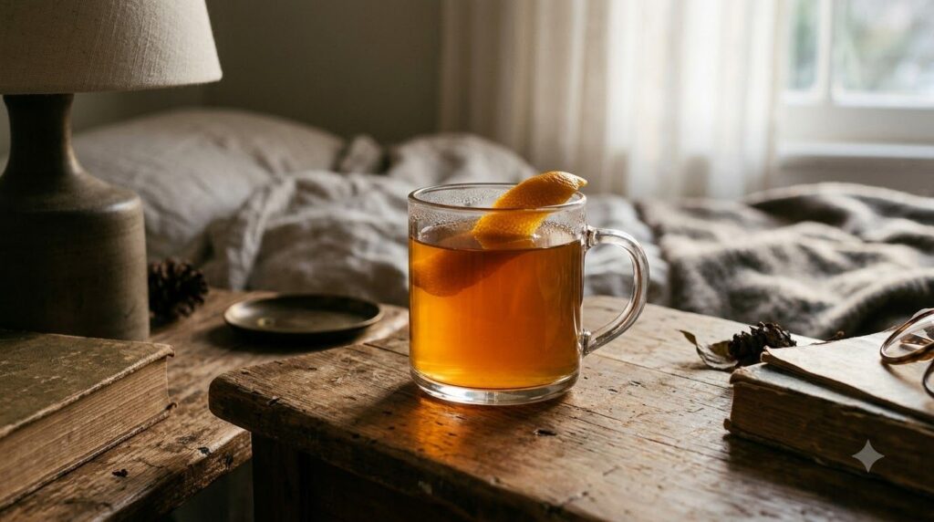 A soothing amber-colored evening elixir in a clear glass garnished with orange peel on a bedside table