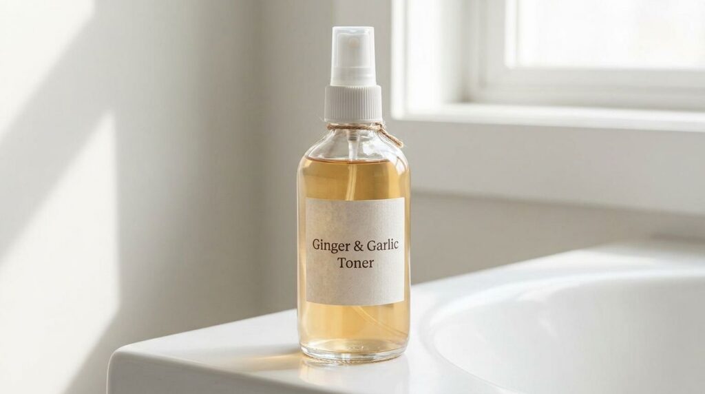 A clear glass spray bottle filled with a light amber homemade toner with a label that says Ginger Garlic Toner The bottl