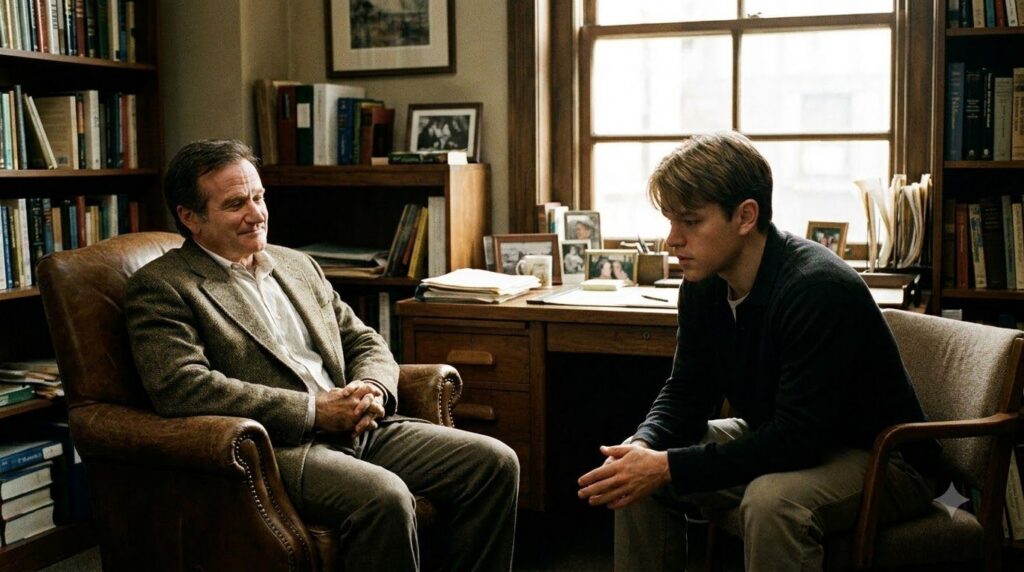Robin Williams as Sean Maguire in a heartwarming scene from Good Will Hunting sharing a story with Matt Damon as Will Hu