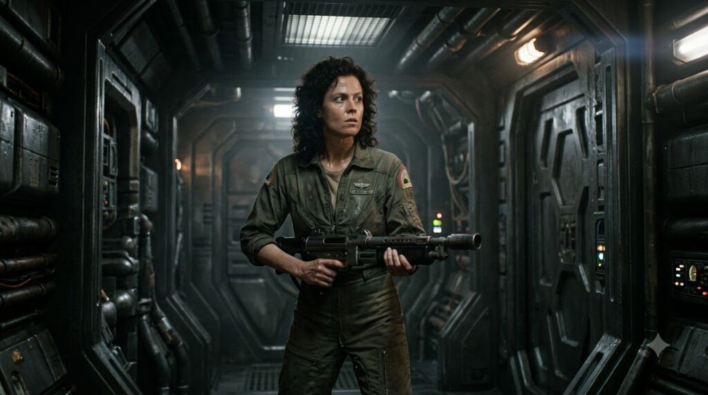 Sigourney Weaver as Ellen Ripley in Alien looking determined in a dimly lit futuristic spaceship corridor