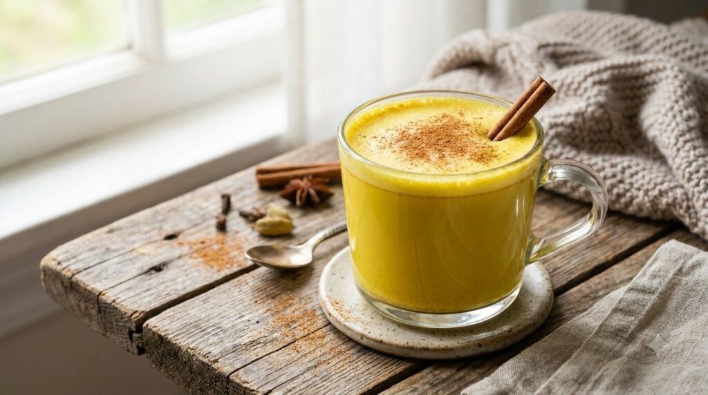 A vibrant yellow turmeric latte or golden milk in a clear glass mug on a wooden table garnished with a sprinkle of cinna