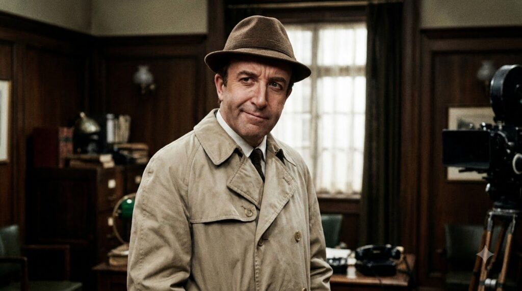 Peter Sellers as Inspector Clouseau wearing a trench coat and fedora looking comically bewildered or suspicious