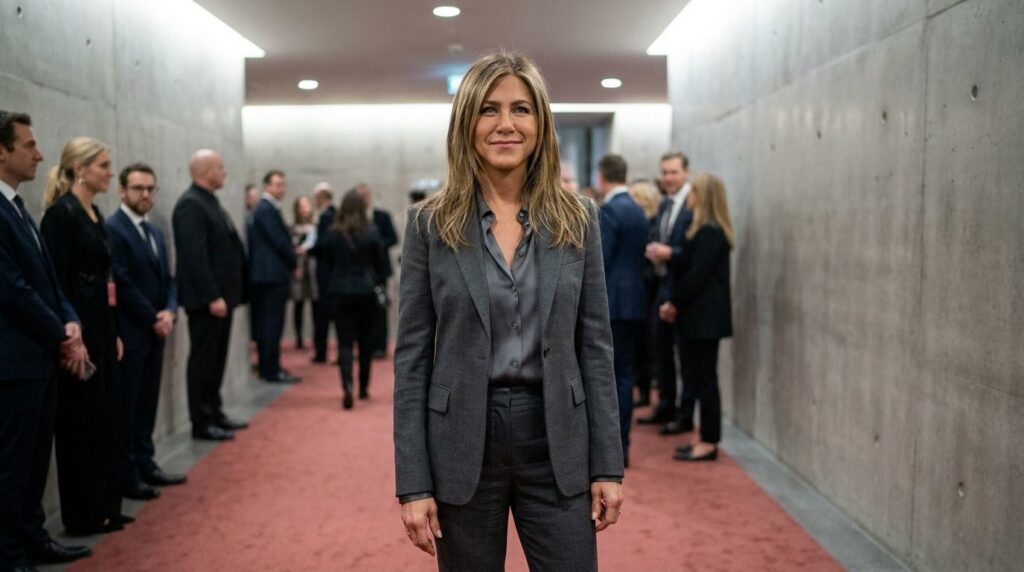 Jennifer Aniston walking a red carpet smiling elegantly