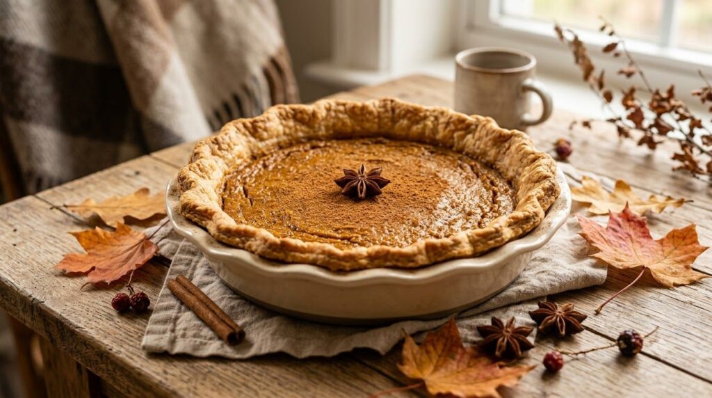 A beautifully arranged vegan pumpkin pie with a golden crust surrounded by autumn leaves and spices