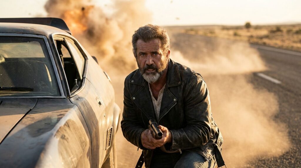 Mel Gibson in one of his iconic action roles from the 1980s perhaps Mad Max or Lethal Weapon