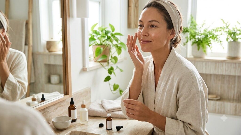 A woman applying a gentle safe facial serum to her glowing healthy skin with a backdrop of natural light and green plant