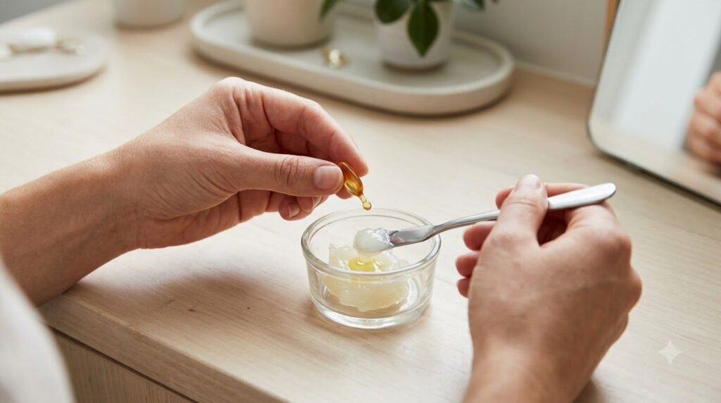 Close-up of Vitamin E capsules being pierced and mixed with Vaseline in a small container on a clean vanity