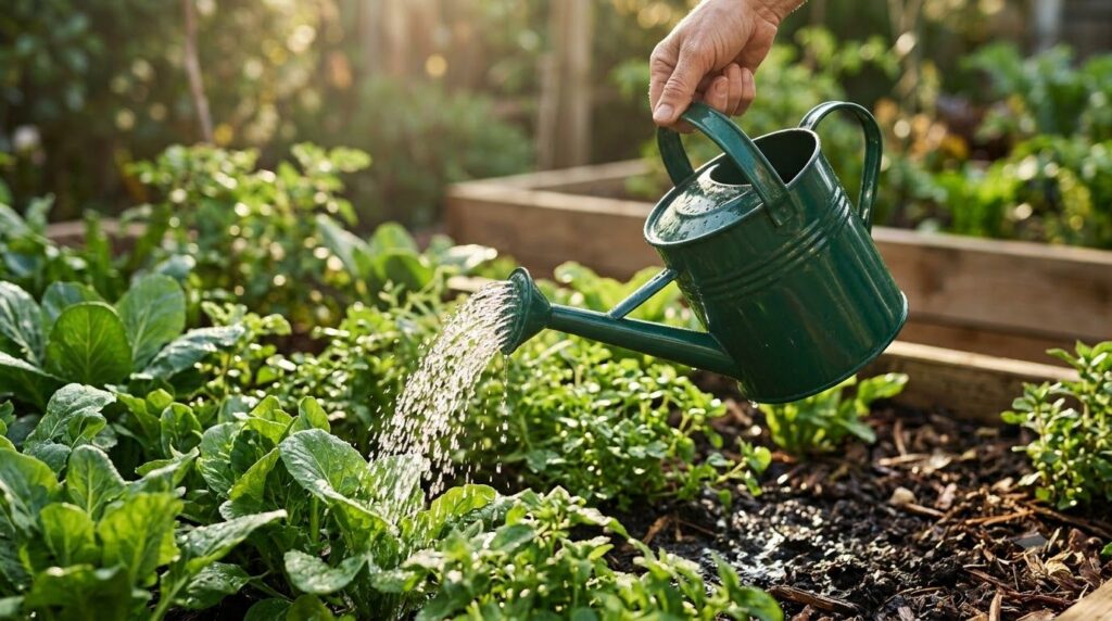 A close-up of a hand using a watering can to water healthy green plants in a garden bed with water droplets visible on l