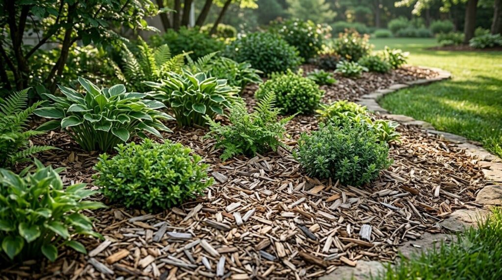 A garden bed with a thick even layer of wood chip mulch around various green plants and small shrubs The mulch is neat a
