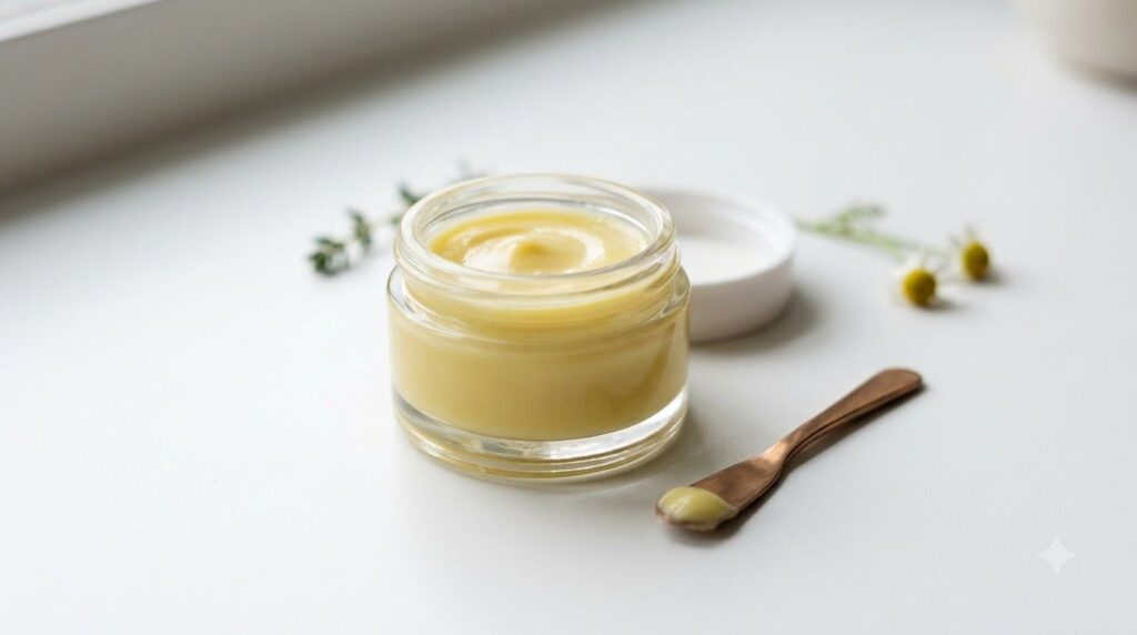 A small clear glass jar containing a freshly made smooth yellow-tinted homemade eye cream with a small spatula beside it