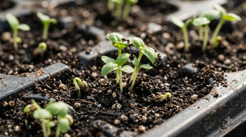 Close-up of tiny green seedlings sprouting in a tray filled with fine seed starting mix